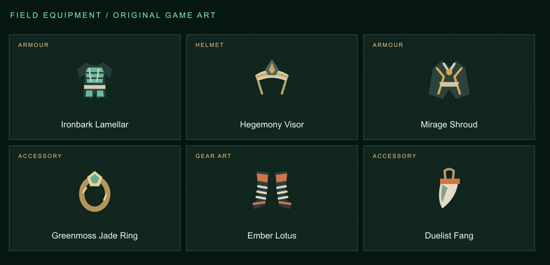 Six original Gornverse gear icons: Ironbark Lamellar, Hegemony Visor, Mirage Shroud, Greenmoss Jade Ring, Ember Lotus and Duelist Fang