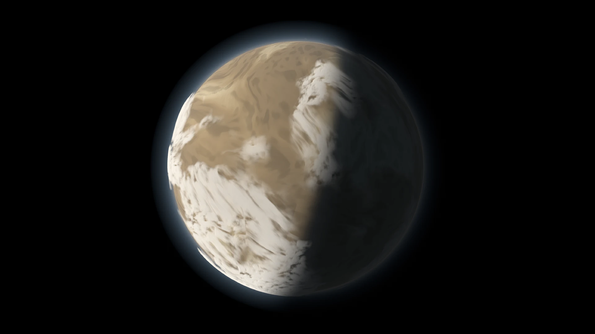 Cetonis in the Gornverse alpha, with tan desert geology, white cloud bands, a blue atmospheric rim and the boundary between daylight and night